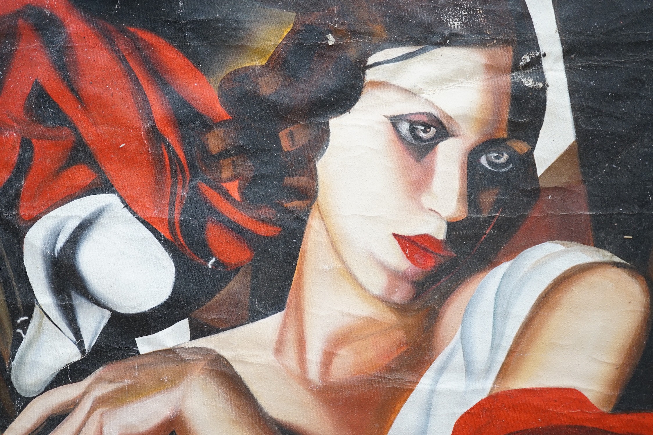 After Tamara de Lempicka, oil on canvas, Woman holding lilies, 99 x 69cm, unframed